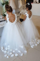 Cute Tulle Appliques Backless Flower Girl Dresses with Pearls